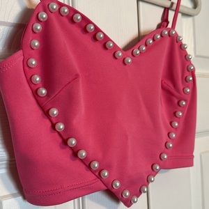 Barbie pink heart shaped crop top with pearl details. Never worn. Size S.